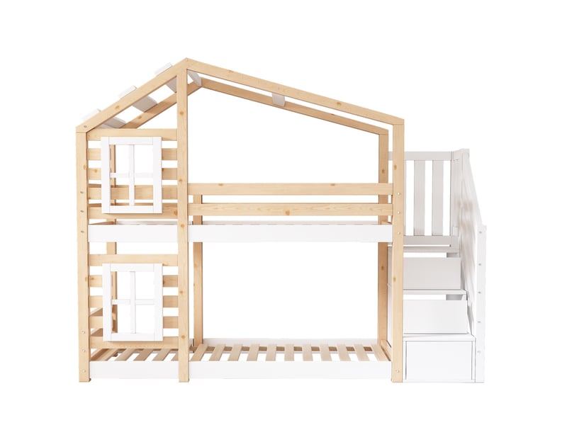  Lit superposé cabane enfant 90 x 200 cm avec escalier de rangement, barrières et 2 sommiers, blanc et bois naturel AB30924012W - Conforama E