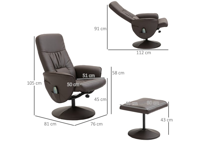 Fauteuil relax massant inclinable 76 x 81 x 105 cm – marron – pivotant 360° avec repose-pieds en simili cuir - Conforama C