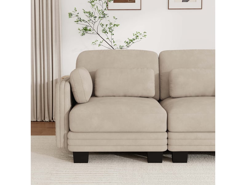  Canapé droit modulable 176 cm 2 places, coussins d'accoudoirs amovibles et coussins lombaires épais à soutien, chenille, ressorts ensachés, marron clair  - Conforama C