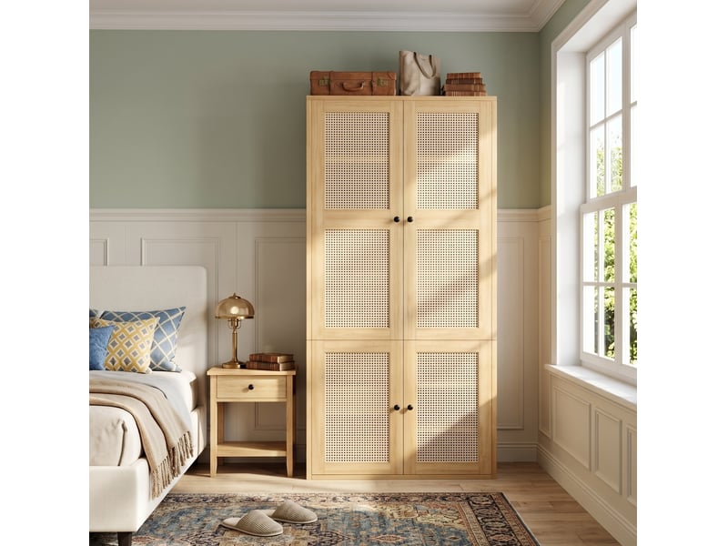 Armoire 2 portes en mdf bois clair et paille, 3 tiroirs, 4 compartiments, avec penderie pour la chambre - Conforama E