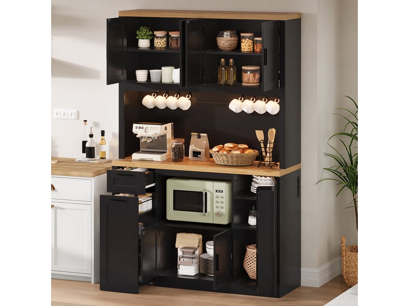 Armoire de cuisine haute avec éclairage led et prises, rangement avec tiroirs 3 niveaux et étagères réglables - Conforama E