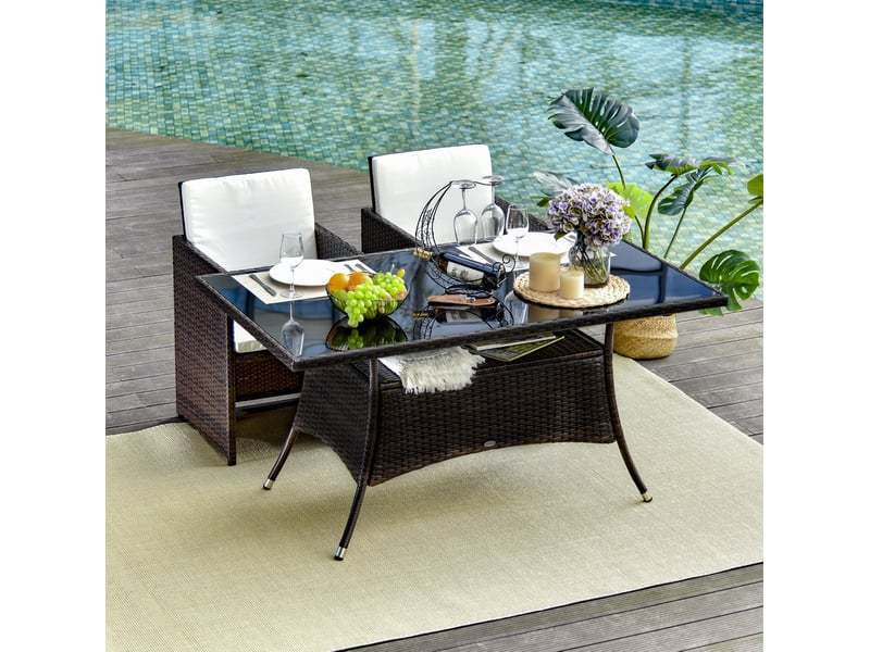  Table de jardin 150x85x74 cm en polyrotin avec plateau en verre de sécurité métal marron noir  - Conforama B