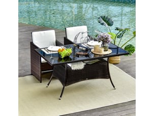 Table de jardin 150x85x74 cm en polyrotin avec plateau en verre de sécurité métal marron noir