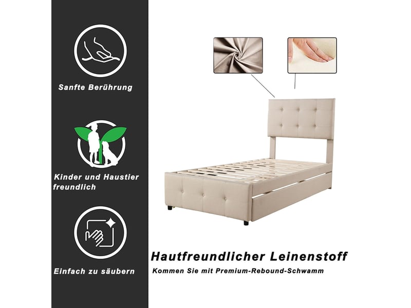  Lit gigogne 90x200 cm tête de lit réglable - lit simple - tissu lin respirant, design classique élégant pour enfant invité beige  - Conforama D