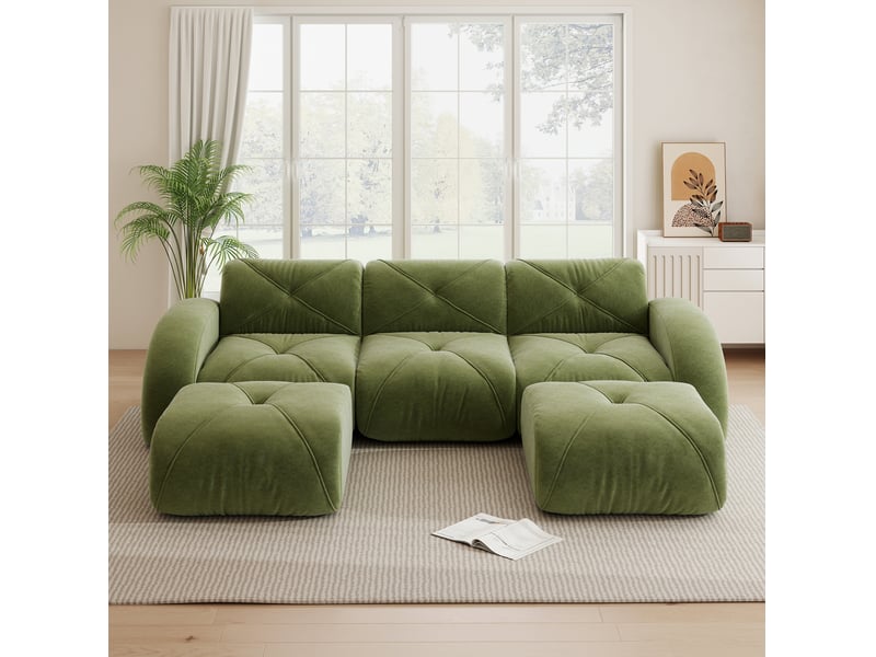  Canapé modulable 3 places sans cadre avec 2 poufs en chenille vert  - Conforama C
