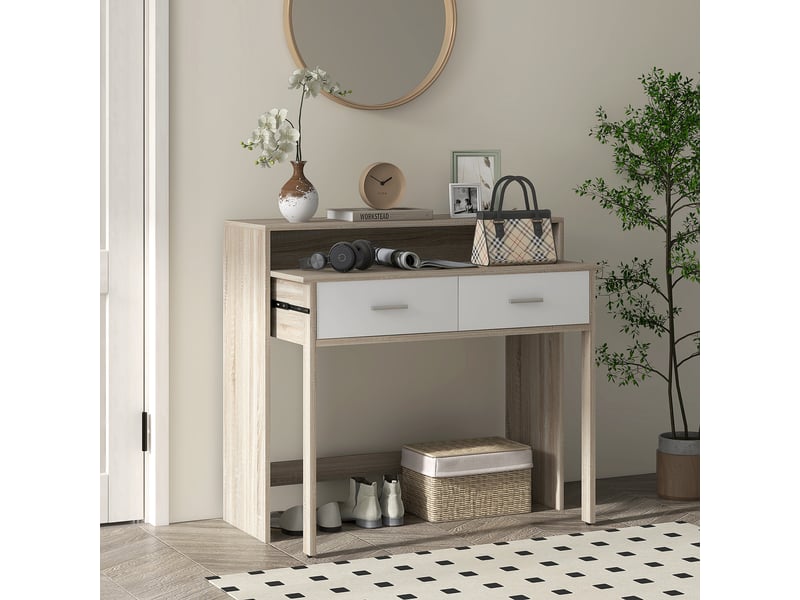  Table console avec plateau coulissant et 2 tiroirs, table de couloir avec rangement, 95l x 35p x 87h cm, aspect chêne  - Conforama A