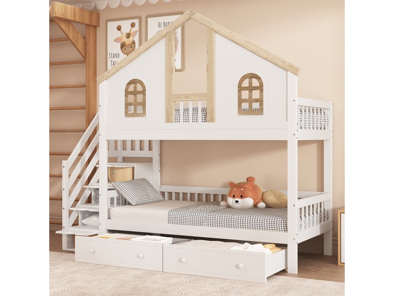  Lit superposé enfant 90 x 200 cm, design cabane, escalier de rangement, grands tiroirs, fenêtres, blanc et bois naturel  - Conforama B