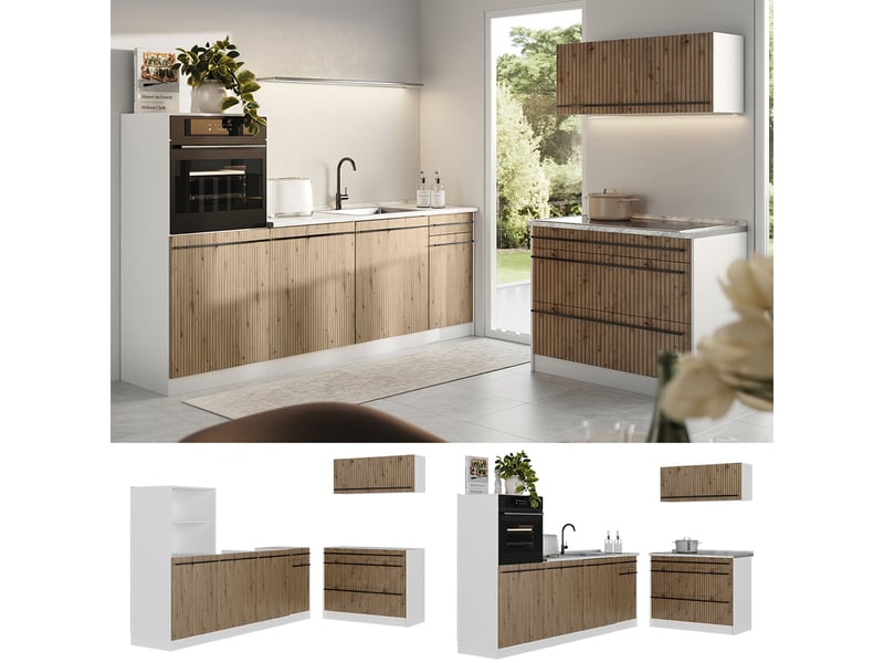  Vicco cuisine, chêne artisanblanc, 220cm plan de travail marbre  - Conforama D