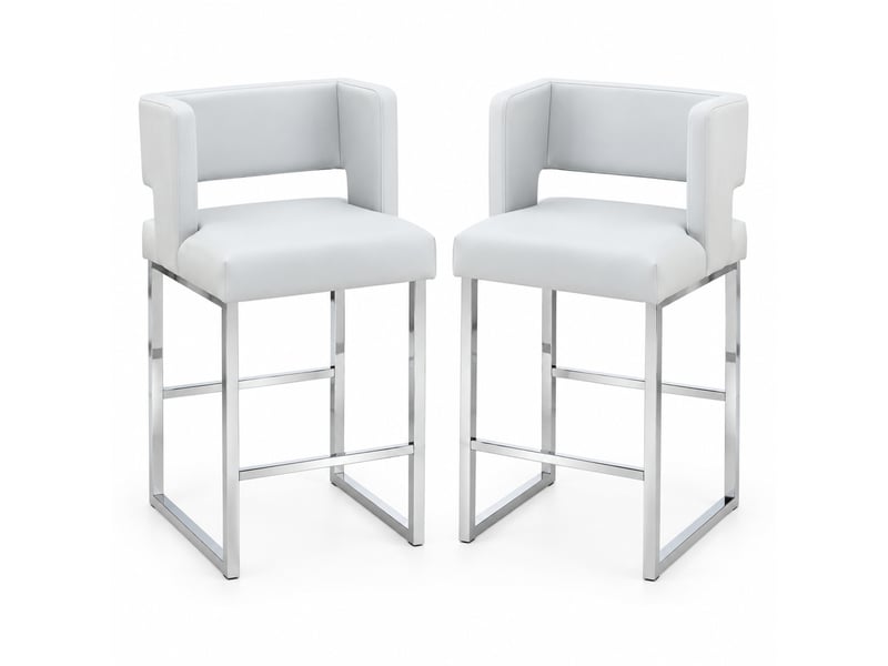 Lot de 2 tabourets de bar 53x48x91 cm, pieds métalliques argentés, pu gris clair, chaises hautes, assise carrée, meuble cuisine - Conforama A