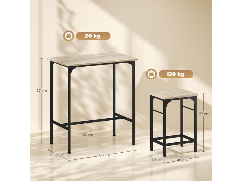  Ensemble table de bar avec 2 tabourets, cadre en acier pour cuisine, salle à manger et salon, effet bois naturel  - Conforama C