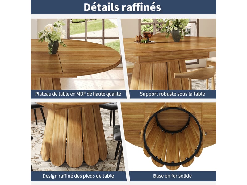  Table à manger ronde extensible ø 118-158 cm, h 76 cm, plateau mdf, structure métal, aspect veinage bois, marron  - Conforama R