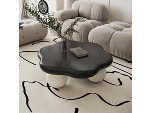 Table basse ronde avec pieds sphériques, design nuage contrasté, pour salon, ø80 × 35 cm, en mdf, noir et blanc
