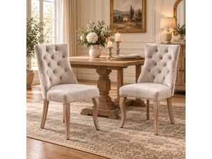 Lot de 2 chaises de salle à manger beige clair en velours, dossier capitonné, pieds en bois massif