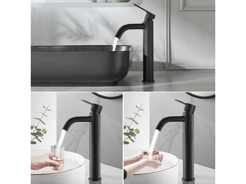  Robinet de lavabo de salle de bain avec eau chaude et froide, en acier inoxydable, noir, bec haut, coude, tuyau de 60 cm PB502396 - Conforama C