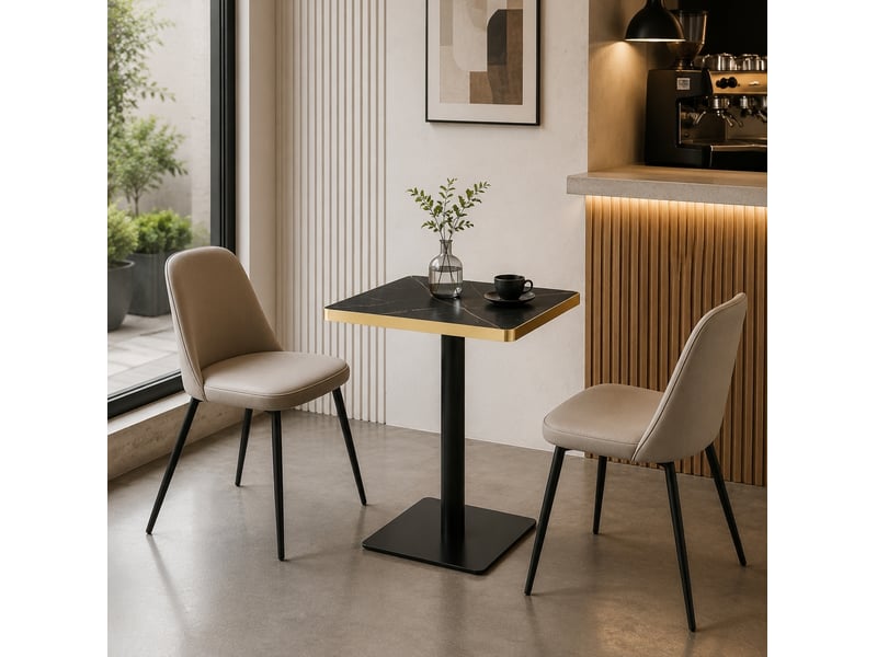  Table de salle à manger carrée pour 2 à 4 personnes avec pied métallique, effet marbre et bord doré, 60 × 60 × 74 cm  - Conforama D