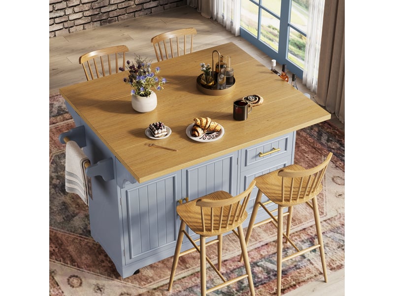 Îlot de cuisine mobile 120 x 40 x 95 cm, plateau extensible, 3 tiroirs, 2 portes et roulettes, bleu, style contemporain  - Conforama D
