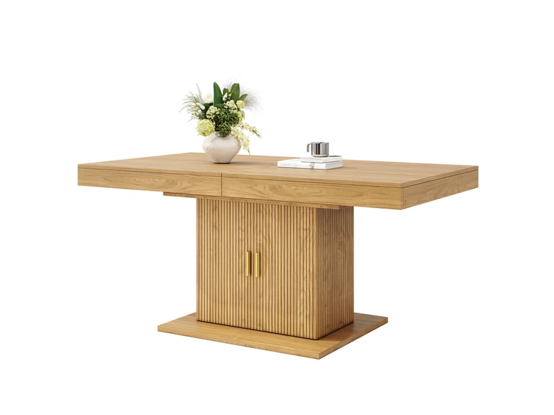 Table à manger extensible 140-180x90 cm avec rangement intégré, portes rainurées verticales, étagère amovible, pied central, mdf effet bois - Conforama A