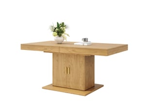 Table à manger extensible 140-180x90 cm avec rangement intégré, portes rainurées verticales, étagère amovible, pied central, mdf effet bois