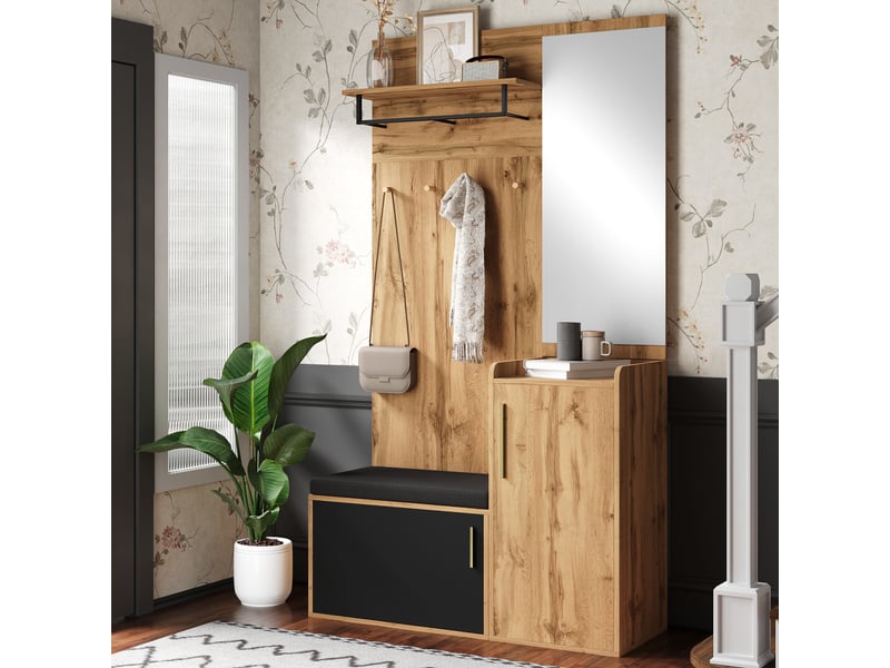  Meuble d'entrée avec miroir, banc rembourré, rangement chaussures, portes et crochets pour couloir, 100×38×185 cm  - Conforama C