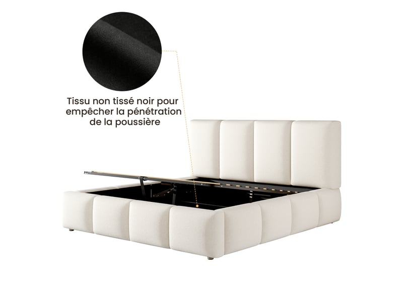 Lit rembourré, lit double, 160 x 200 cm, lit fonctionnel hydraulique, sommier à lattes, tête de lit et grand espace de rangement, tête de lit rembourrée, bouclé blanc  - Conforama D