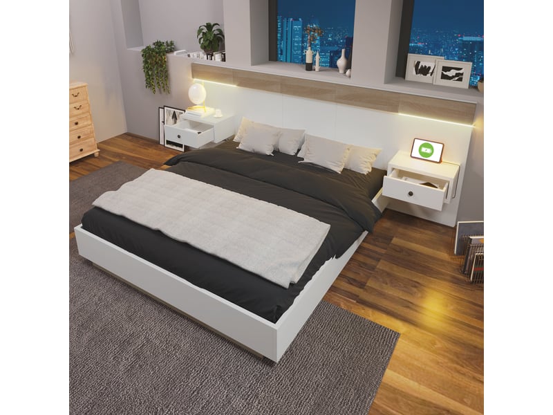  Lit double 140 x 200 avec deux chevets, led, prises usb-c, chêne sonoma et blanc  - Conforama B