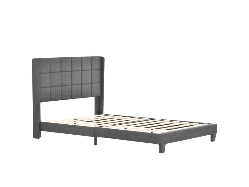  Lit double capitonné 140x200cm, lin gris, tête rembourrée, sommier à lattes, matelas à ressorts inclus  - Conforama A