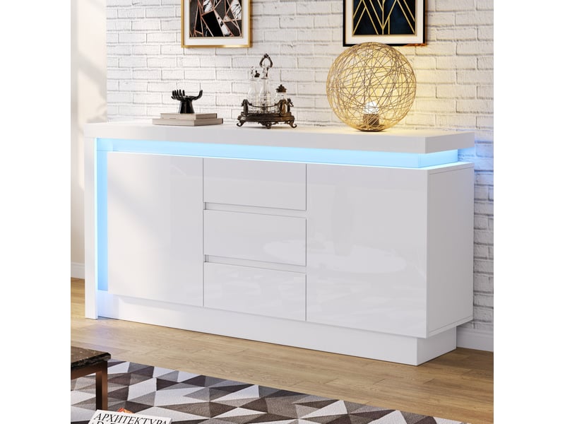  Buffet bas blanc 140 x 35 x 72 cm avec led, 2 portes, 3 tiroirs et étagères réglables  - Conforama D