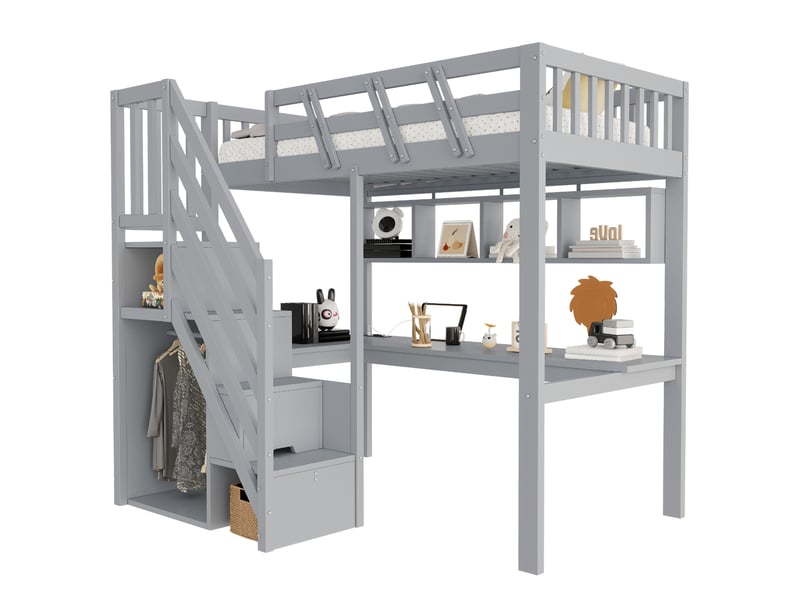 Lit mezzanine enfant 90x200 cm gris avec bureau, escalier de rangement, led et usb - Conforama A
