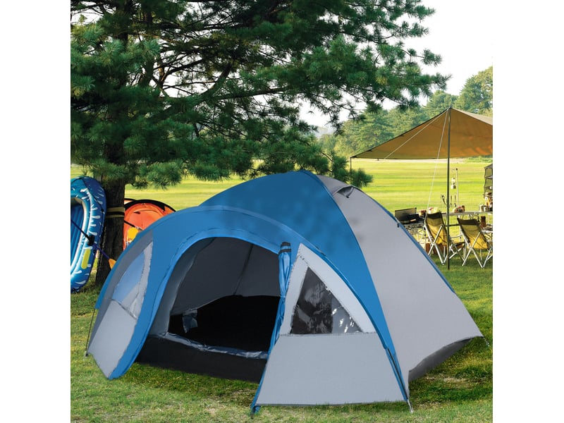  Tente dôme 4 personnes 4 saisons bleue en polyester, double paroi avec moustiquaire et vestibule à bagages  - Conforama B