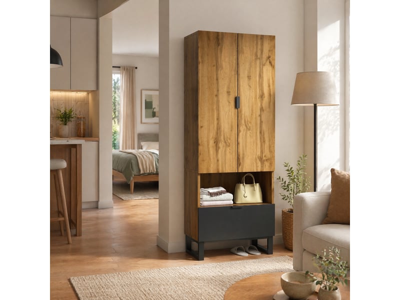 Armoire d’entrée avec penderie, étagères réglables et tiroir - lpospi - pieds métal, panneaux de particules, naturel - Conforama C