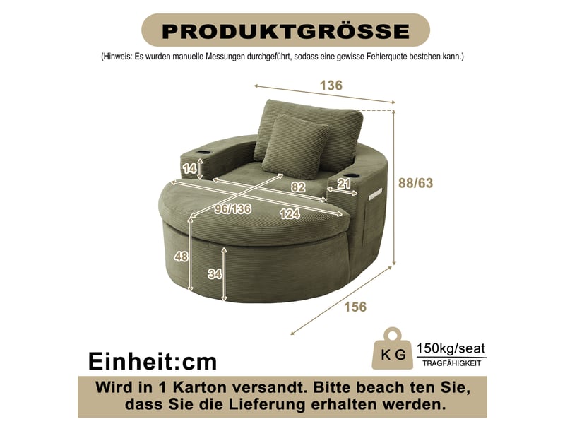 Fauteuil lounge xxl 156 x 136 x 88 cm avec pouf, rangement, porte-gobelet et double coussin, velours côtelé, mousse et ressorts, vert OMNIGLINT TRADING LTD - Conforama D