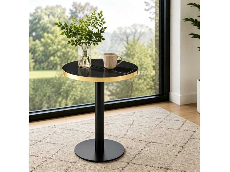  Table d’appoint ronde, 60 cm, table salon moderne table basse effet marbre, plateau mdf, piètement métal, coloris noir  - Conforama B