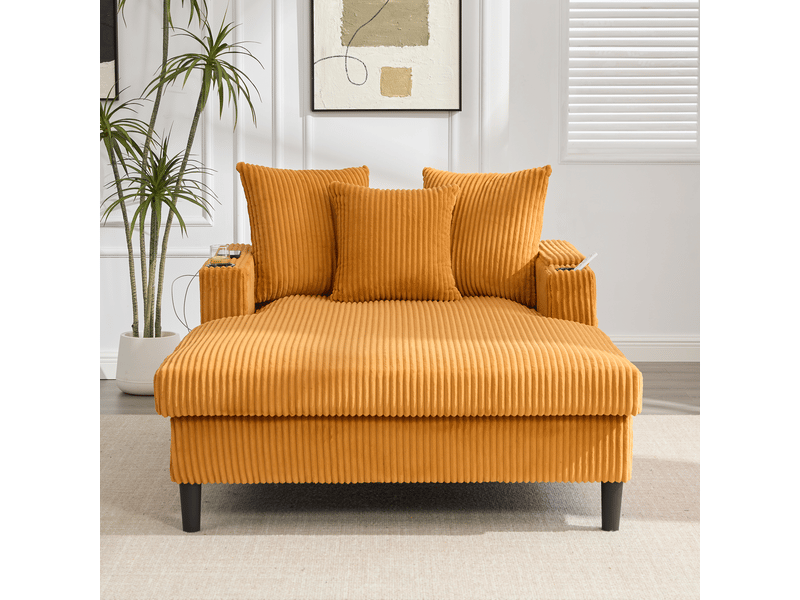  Chaise longue multifonctionnelle en velours côtelé, grand espace de repos, led, port usb, rangement, 3 coussins  - Conforama C