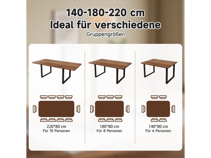 Table de salle à manger extensible (140180220 x 80 cm), pour 6 à 10 personnes, adaptée à la salle à manger ou à la cuisine – noyer - Conforama R