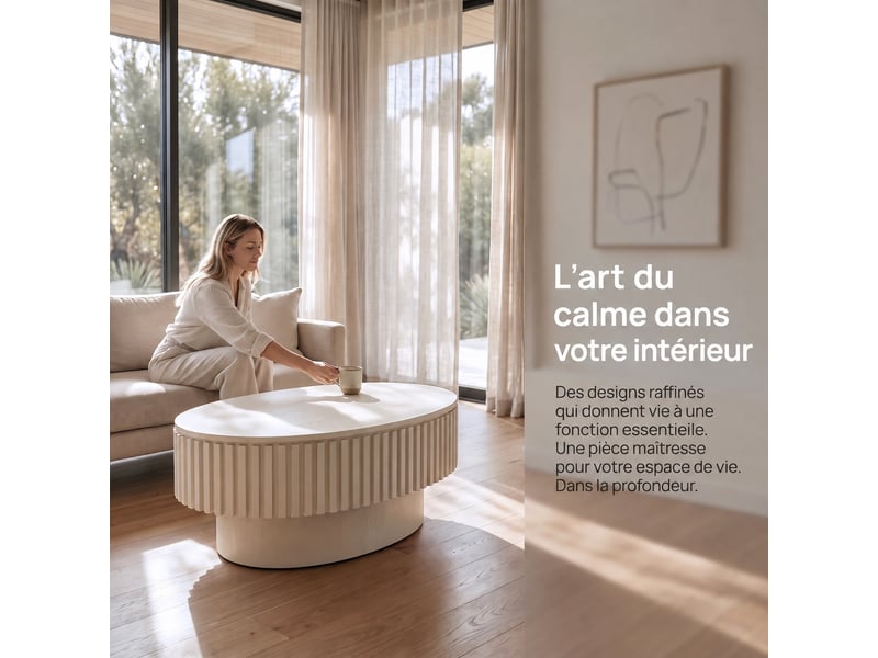 Table basse de salon muvano - table basse ovale 98 cm avec rangement caché et design cannelé couleur crème - Conforama D
