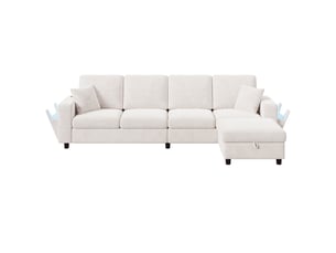 Canapé d'angle gauche fixe 4 places Tissu beige avec coffre de rangement