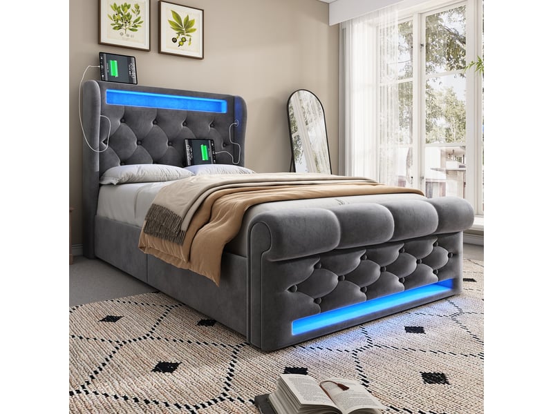 Lit coffre 90 x 200 cm en velours gris avec led et usb - Conforama R