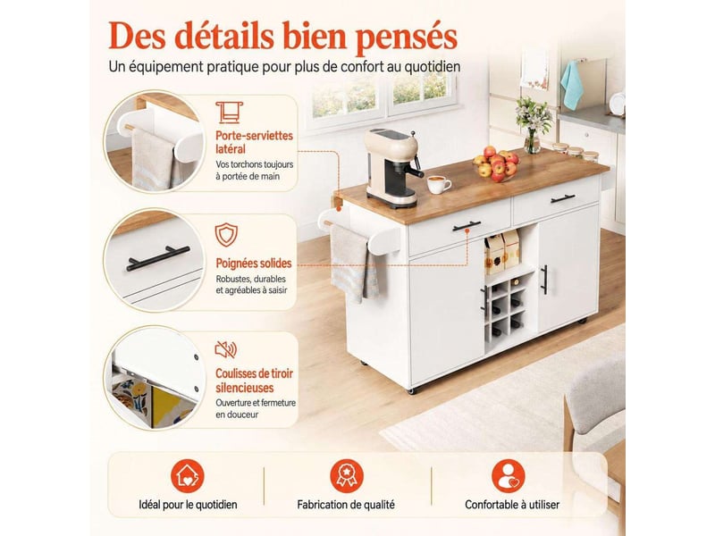  Desserte de cuisine moderne sur roulettes 360 degrés, tiroirs, portes, étagères ouvertes, rangement en bois d'ingénierie, 120 x 46 x 85 cm  - Conforama B