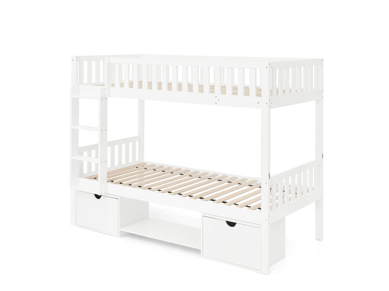  Lit superposé enfant 90x200 cm en pin massif blanc, séparable, tiroirs et échelle  - Conforama D