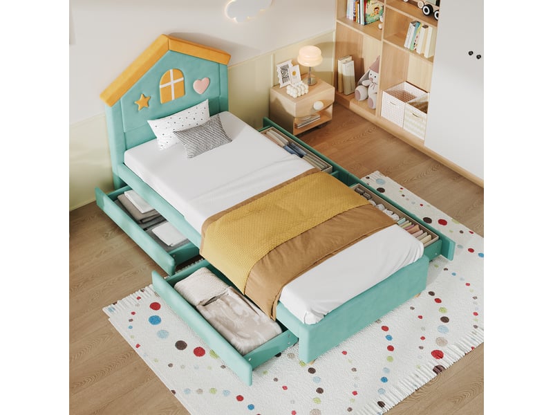Lit cabane 90x200 cm en velours avec 4 tiroirs vert chicfurn - Conforama D