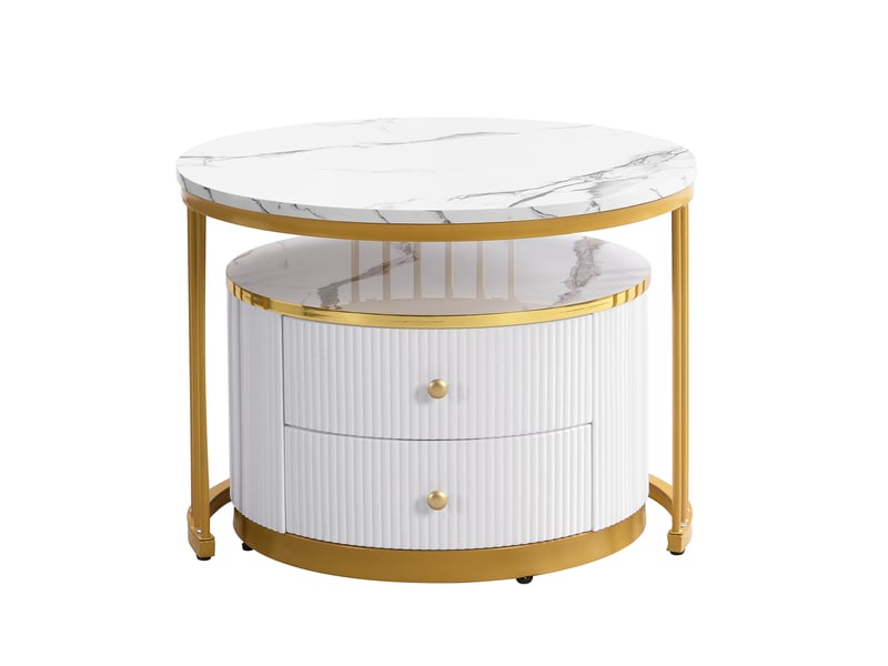  Ensemble tables basses 60x60x45,5+50x50x32cm plateaux effet marbre(matériau non marbré), 2 tiroirs, mdf blanc  - Conforama R
