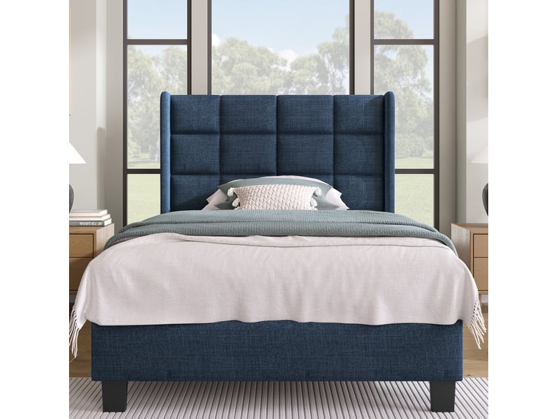  Lit simple 90x200 cm en lin bleu avec tête de lit haute et lattes, sans matelas  - Conforama D