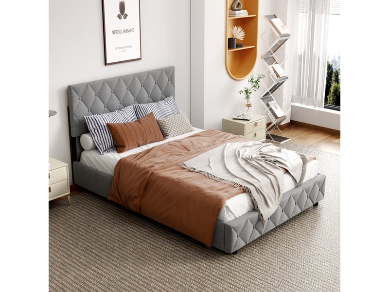  Lit double 140x200 cm avec tête de lit rembourrée gris homvra  - Conforama E