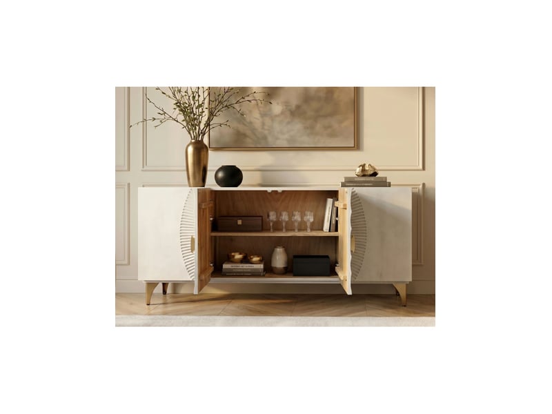 Buffet solaris 177 cm blanc et doré – 4 portes sculptées motif solaire en bois de manguier - Conforama E