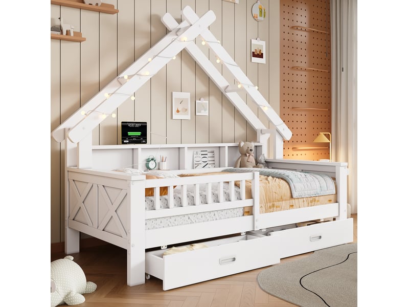 Lit simple en bois en forme de maison, 90 x 200 cm, avec éclairage led, compartiments de rangement, tiroirs et barrière de protection, blanc - Conforama B