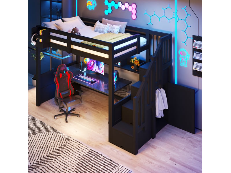  Lit mezzanine 90 × 200 cm avec escalier, placard intégré, rangements et led pour chambre enfant, noir 253 × 95 × 170 cm  - Conforama E