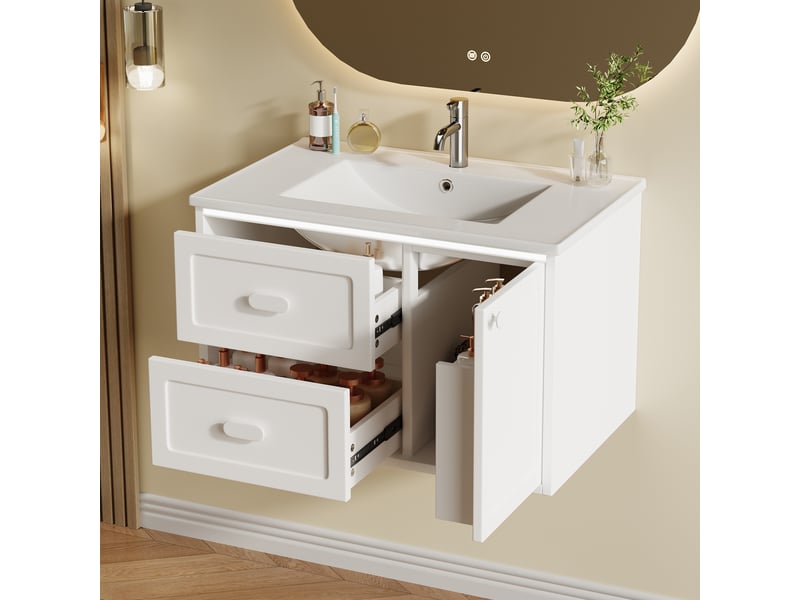 Meuble sous vasque suspendu avec led à détecteur radar et 2 tiroirs - lpospi - lavabo céramique, mdf laqué blanc 76 × 46 × 51 cm - Conforama B