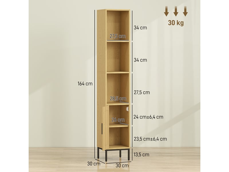 Armoire de salle de bain haute et étroite avec étagères ouvertes et étagère réglable, aspect bois naturel - Conforama E