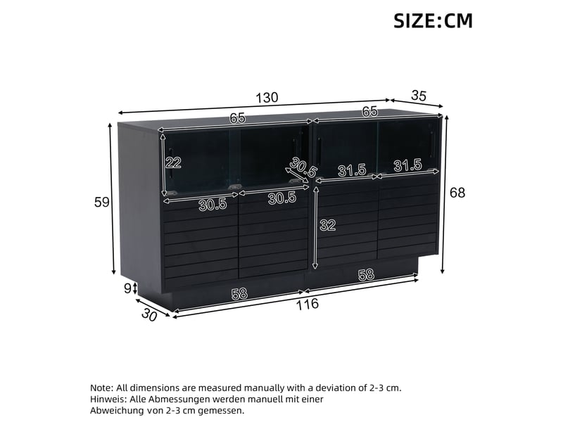  Buffet bas noir avec led, 4 portes vitrées coulissantes – 130 x 35 x 68 cm  - Conforama D