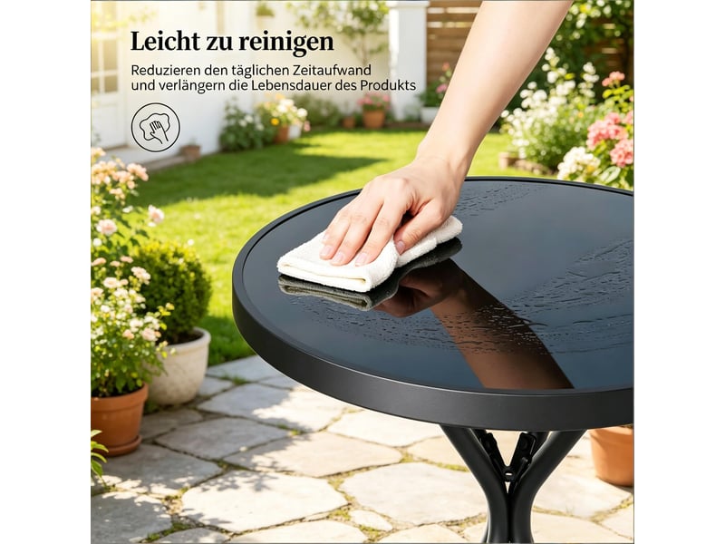  Ensemble table et chaise de jardin avec 1 table pliante et 2 chaises pliantes, verre trempé, métal et pp noir  - Conforama E